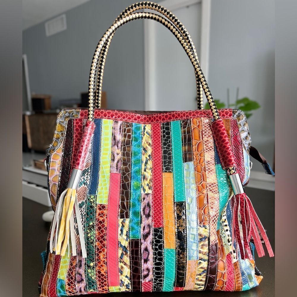 Retro Multicolor Leather Patchwork Handbag with Braided Handles